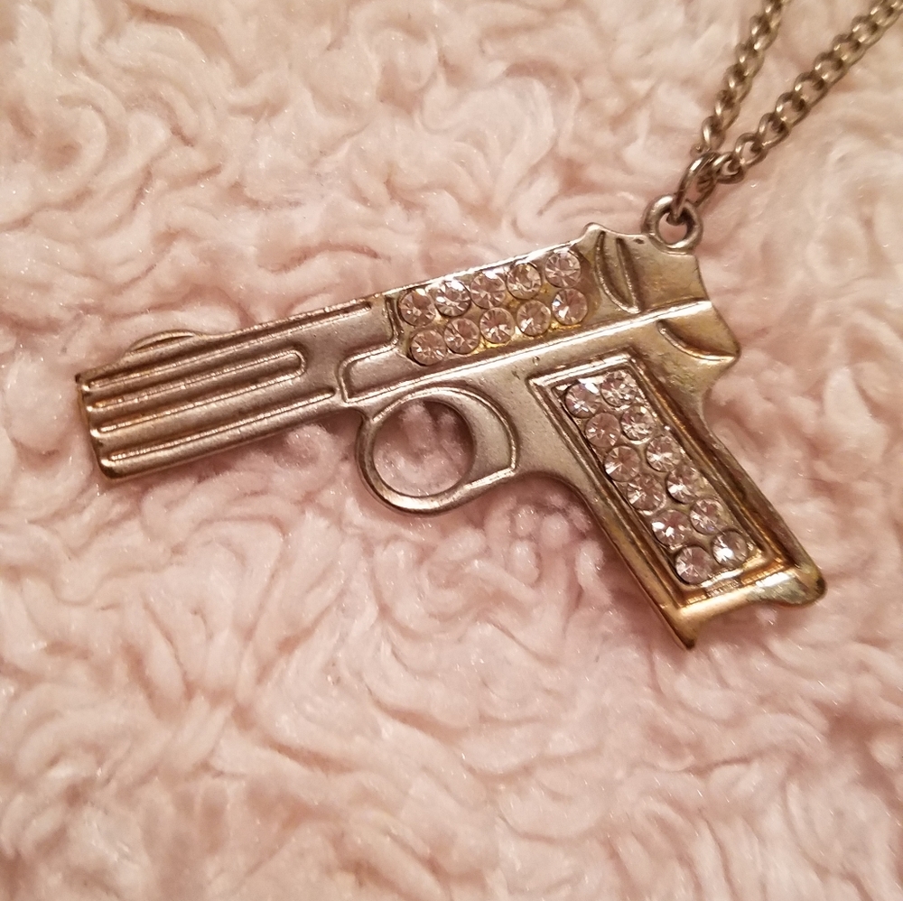 Gun Rhinestone Silver Metal Pendant Necklace